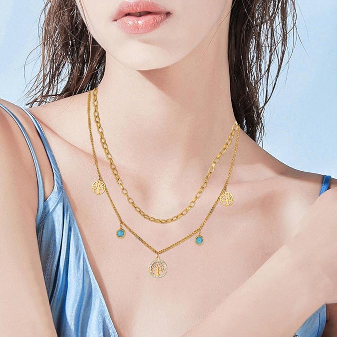 Tree of Life Turquoise Charm Layered Necklace NCK-001