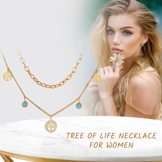 Tree of Life Turquoise Charm Layered Necklace NCK-001