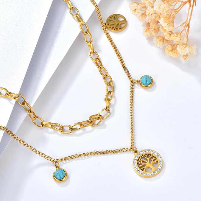 Tree of Life Turquoise Charm Layered Necklace NCK-001