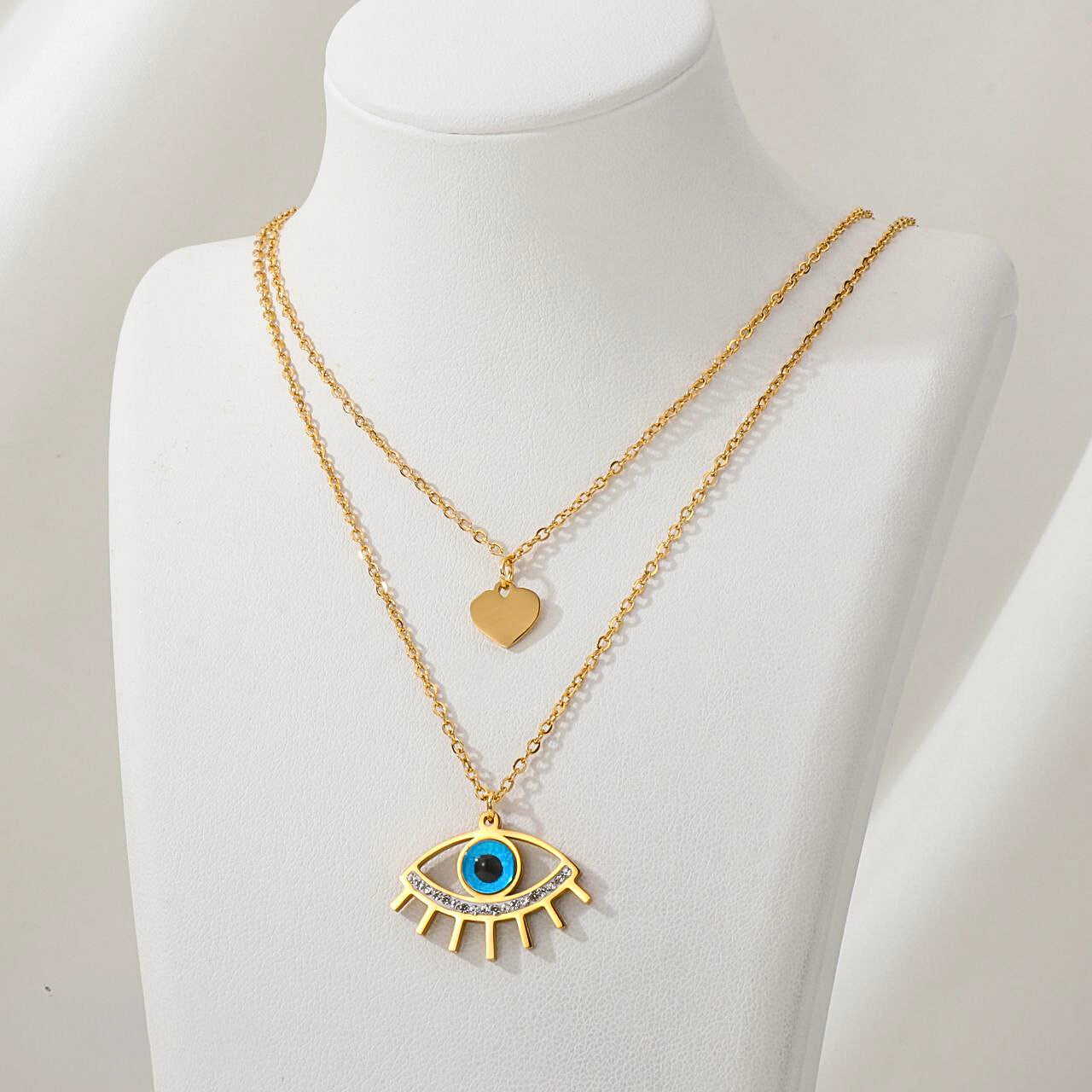 Layered Evil Eye & Heart Charm Necklace NCK-010