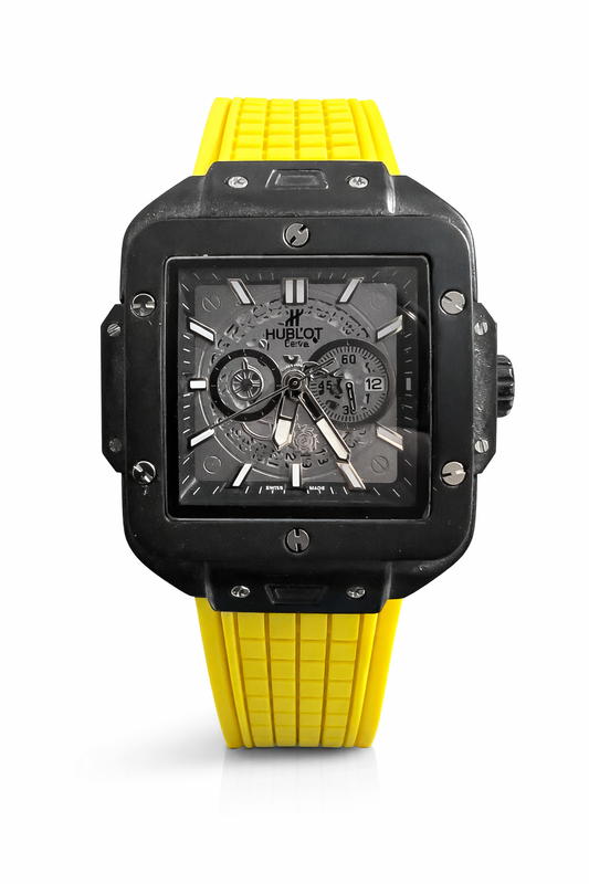 ساعة Hublot Square Skeleton Yellow Strap – تصميم رياضي فاخر
